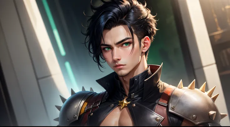 Spiky black hair, green eyes young man