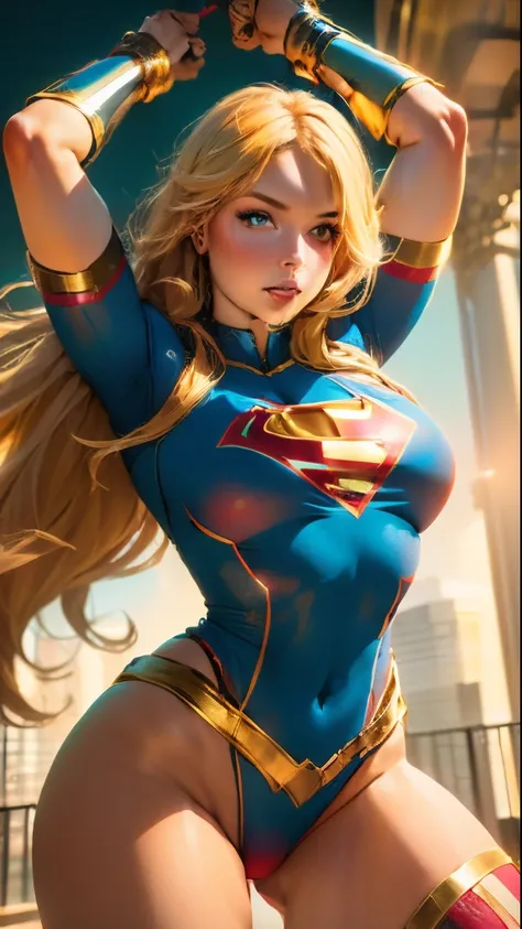 "((best quality,best illumination)), beautiful model with long hair  big boobs and athletic body, wearing Supergirl cosplay, accentuated and highlighted breasts, dynamic pose, colorful background, high saturation, vibrant lights."