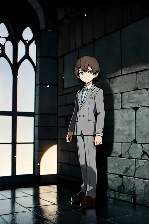 Anime, young boy, brown hair, medium haircut, blue eyes, white japanese student highschool clothes, looking at viewer, in a cathedral, blue vitral in background, grey filter, grey walls, 4k, masterpiece