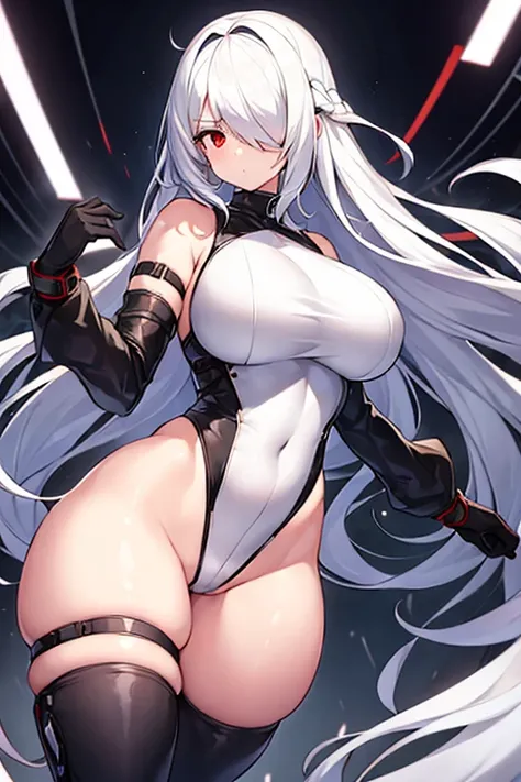 1girl, white hair, leotard, futuristic, bodysuit, thick thighs, wide hips, large breasts, breasts, long hair, red eyes, one-eye covered, serious, hair over one eye, hair over one-eye, science-fiction, thigh strap, sleeveless, black leotard, black clothes, ...