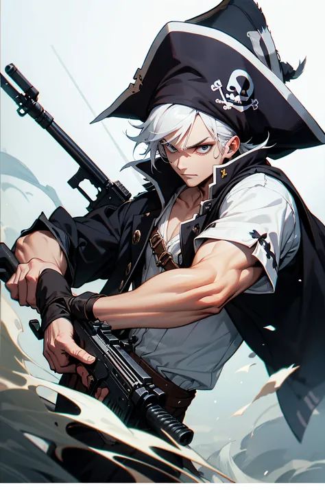 pirate boy with white hair aiming with an assault rifle