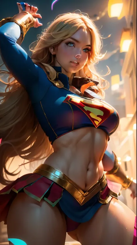 "((best quality,best illumination)), beautiful model with long hair  big boobs and athletic body, wearing Supergirl cosplay, accentuated and highlighted breasts, dynamic pose, colorful background, high saturation, vibrant lights."