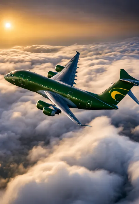 embraer kc 390 military cargo plane from fab - brazilian air force flying above the clouds in the late afternoon twilight