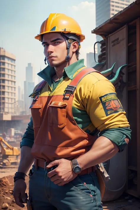 (ultra-detailed,realistic:1.37),(vivid colors,professional),(teenage construction worker wearing a helmet,heavy machinery,bustling construction site),(detailed dragon on his shoulder,construction materials)