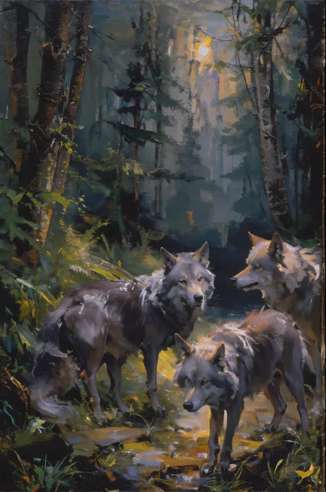 Picture a pack of wolves looking for food,Add some scenes：in dark jungle，wood cabin in distance，(Fechin Oil Painting - Fechin Oil Painting , oil painted),