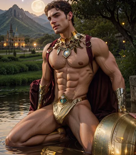 Fantasy, hyperrealistic oil painting portrait photo, art by Alphonse Mucha: john william waterhouse: Charles Dana Gibson: charlie bowater:, of (1 men) 25 y.o, naked, musculine, man in royal regalia wearing a golden wonder woman armor style, covered with di...