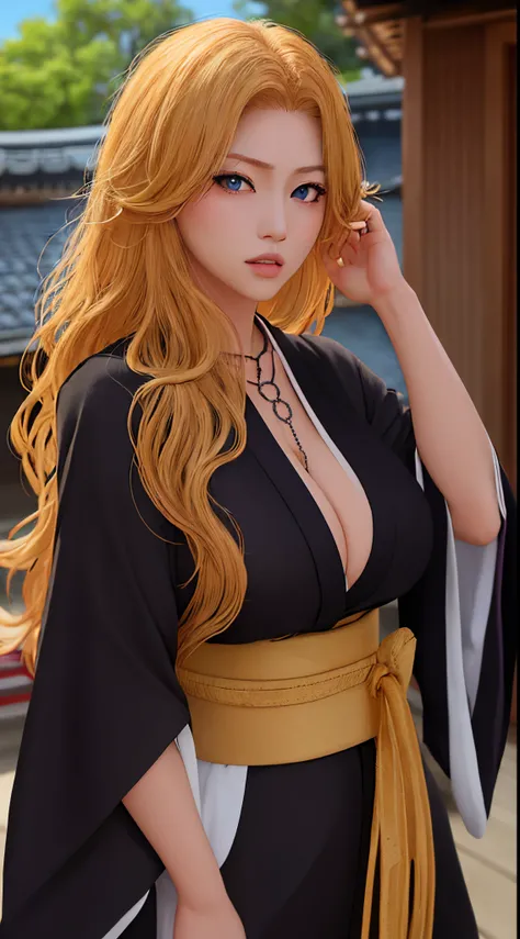 1girl, solo, Rangiku Matsumoto ,long hair, breasts, blue eyes, blonde hair, large breasts, cleavage, hair between eyes, jewelry, upper body, Japanese clothes, black kimono, necklace, looking to the side, haori, black kimono, matsumoto rangiku, looking at v...