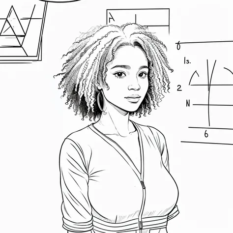 Please create coloring book illustration of a curly haired African American girl who loves maths