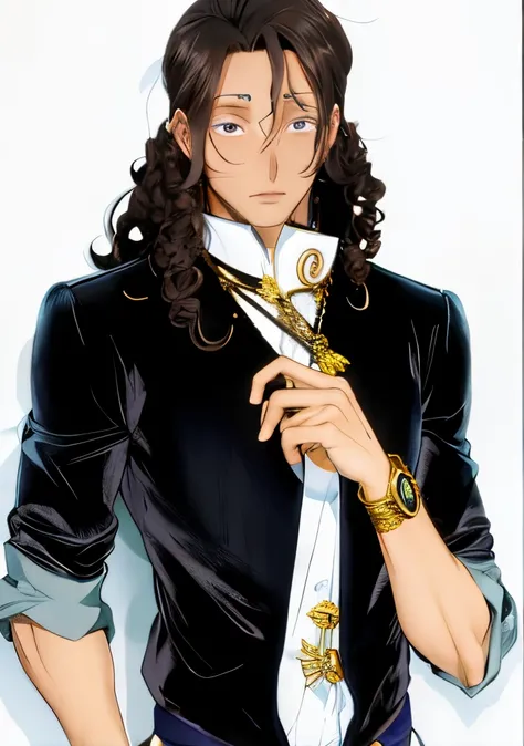 anime characters with curly long hair and brown skin, and black coat