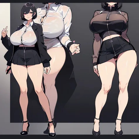 milf,((black hair)),(((very short skirt)),panties visible under the skirt,((transparent shirt, shirt with open zip, breasts visible in the shirt, huge breasts, erect breasts,((standing, legs open)), staring face, with tongue out