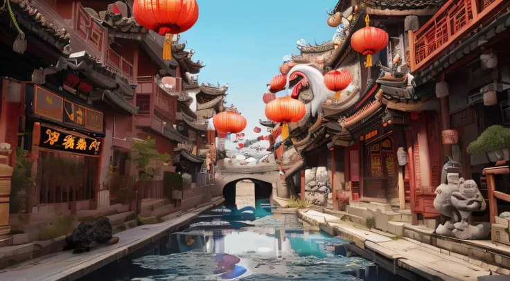 There is a small canal in a Chinese town，There are lanterns hanging from it, Dream China Town, G Liulian art style, Beautiful digital artwork, inspired by Fenghua Zhong, by Qu Leilei, by Ni Yuanlu, chinese fantasy, China Village, author：Hero, Beautiful ren...