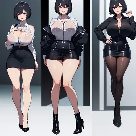 milf,((black hair)),(((very short skirt)),panties visible under the skirt,((transparent shirt, shirt with open zip, breasts visible in the shirt, huge breasts, erect breasts,((standing, legs open)), staring face, with tongue out