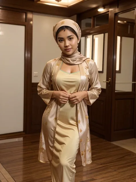 Malay, 20 years old, sexy, cute, bun hair cuts, mature tan, full body, lust, Nia irwan, realistic, 8k, detailed finger, Sabah, baju kurung, wearing hijab