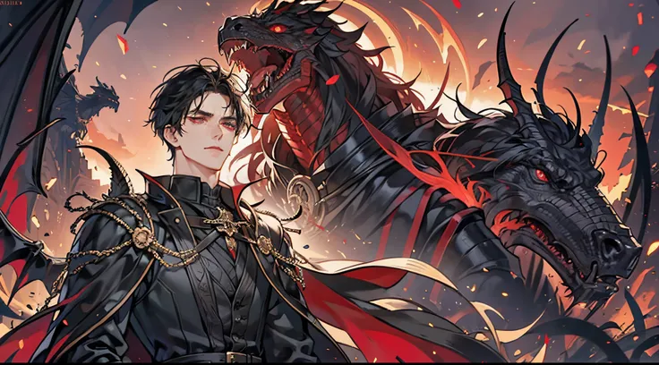 one male with one feathered dragon, adult, adult face, short messy black hair , handsome, beautiful, dark red eyes, detailed and clear eyes, condescending, arrogant, royalty, tyrannical ruler, close up, condescending, arrogant, medieval castle background