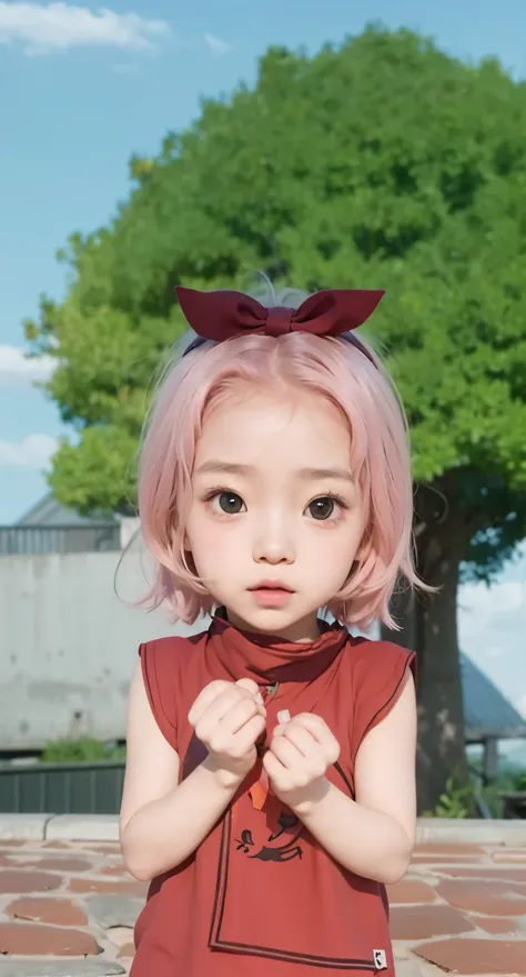 Real life adaption of this character ,The beauty korean face of a little girl, realistic same light pink hair with red bandana, (realistic same outfit), realistic background , realistic light, realistic shadow, realism, hyper realistic,(photorealistic:1.2)...