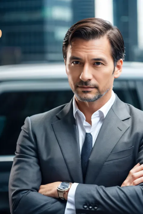 Rich, man in his 40s, business style, successful, chest to face depiction, facing forward, arms crossed