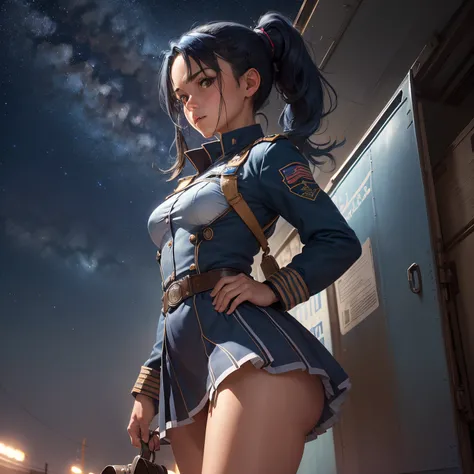 1girl in, Solo, Laura S. Alceid (long dark blue hair, Ponytail and side van, small tit), (Inspired by the trail of cold steel) ,(Accurate Hand Modeling,),natta,You can see the starry sky,In a school dress showing off her panties, Wearing the uniform of the...