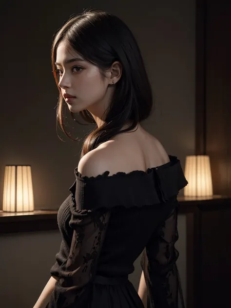 Best quality, masterpiece, ultra high res, (photorealistic:1.4), raw photo, 1girl, offshoulder, in the dark, deep shadow