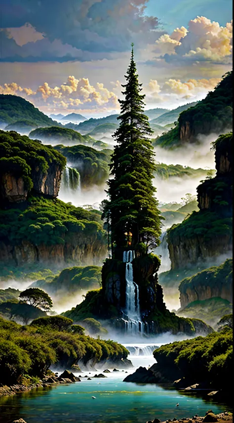 A mystical and epic landscape, Pintura renascentista, Featuring a fantastical and surreal world of floating islands, giant trees, Cachoeira Infinita, that transport the viewer to a world of imagination and wonder, art-station, Arte Digital, intrincado, tre...