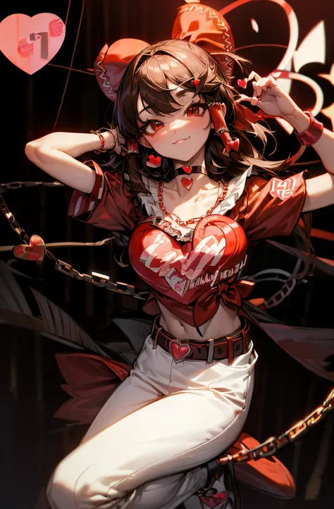 Reimu Hakurei at a rave, looking at the viewer with an seductive smile while dancing, confident, nightclub, neon lights,Brown hair, brown eyes, ((bangs, red ribbon:1.3)), e-girl outfit:1.7, (((Eyeliner, Heart-Shaped Stamp, Choker, Belt Chain:1.3))), teenag...