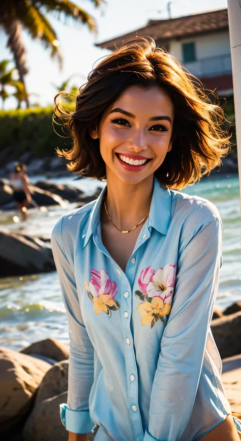 Floral bikini shirt, clean up, big smile, at the beach, standing in the water, golden hour, realistic, masterpiece, highest quality, lens flare, shade, bloom, [[chromatic aberration]], golden hour