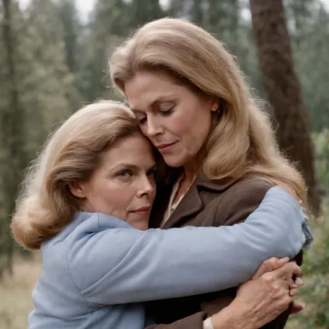 Elizabeth Montgomery as Samantha Stephen hugging Elizabeth Montgomery Serina, full body