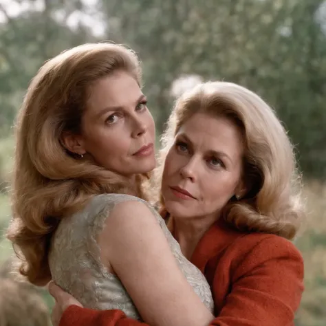 Elizabeth Montgomery as Samantha Stephen hugging Elizabeth Montgomery Serina, full body