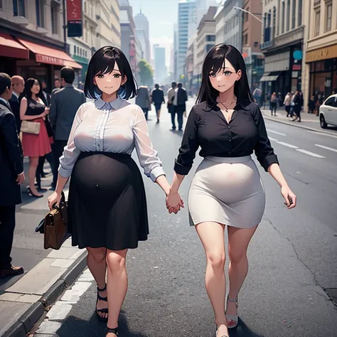 2 women of different sizes walking hand in hand on the busy street during the day, a naked and pregnant woman, a woman in a skirt and blouse, different hair types,