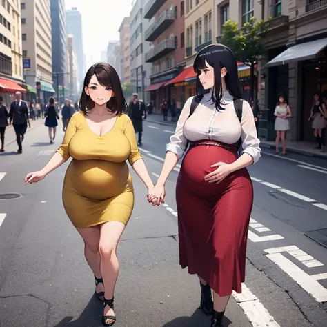 2 women of different sizes walking hand in hand on the busy street during the day, a naked and pregnant woman, a woman in a skirt and blouse, different hair types,