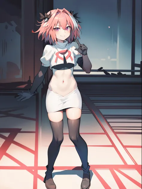 absurdres, masterpiece, best quality, (astolfo fate:1.2155), 1boy, male focus, trap, pink multicolored hair, pink hair, white hair, hair intakes, long hair, pink detailed eyes, crossdressing,1boy,team rocket,team rocket uniform,white skirt,crop top,black t...