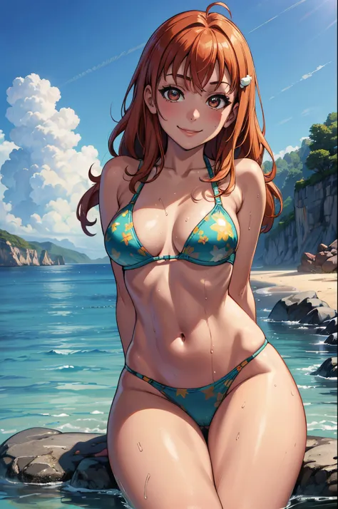 (best quality,4k,8k,highres,masterpiece:1.2), ultra-detailed, on knees, sitting,arms behind back,takami chika, bikini,  slightly excited and smile, thighs, cowboy shot, hair ornament, random pose,sea in background,wet