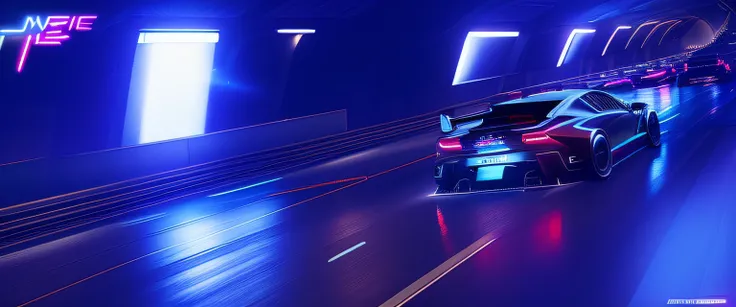 There is a car driving on the track in the tunnel, Car headlights flashing neon, automotive photography, car moving fast, emphasis lighting : : Peugeot Onyx, Night darkness with neon colors, neon ambient lighting, need for speed, vehicle photography, motor...