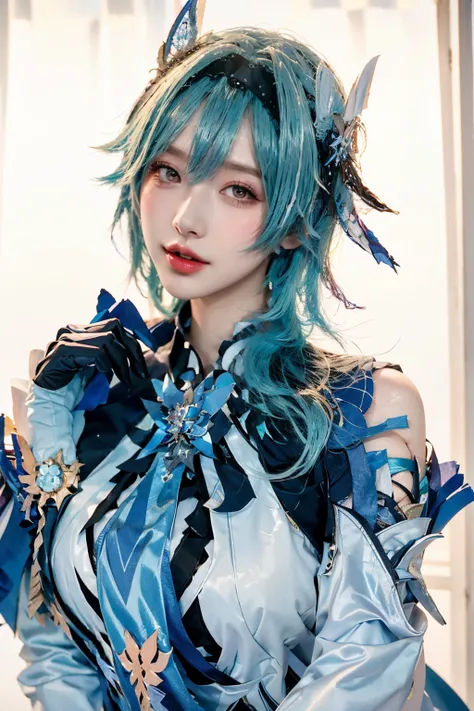 Beauty of a goddess, slim face, beautiful woman, 1girl, solo, (masterpiece:1.2), best quality, eula, genshin, high detailed, 8K resolution, looking at viewers, eula from genshin impact, indoor, hairband, blue hair, necktie, cape, ((( vision (genshin impact...