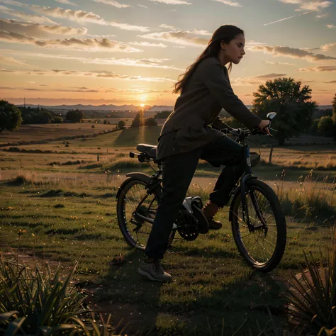 (best quality, 4k, highres, masterpiece:1.2), ultra-detailed, realistic:1.37, HDR, silhouette of a person riding bicycle, grass lawn, sunset sunrise lighting, vibrant colors. Full bike visible.