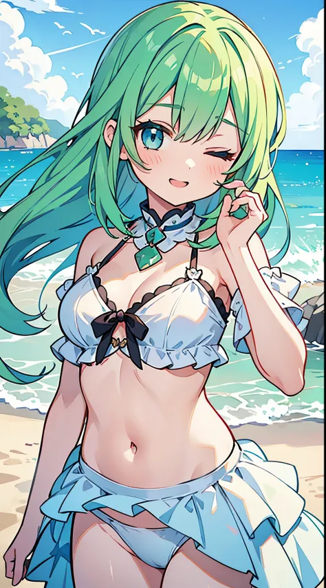 ((Pretty girl with green hair and blue eyes))、wearing white colored bikini、Loli face、((master piece、top-quality、ultra-definition、high resolution))、anime girl、((ultra-detailed illust:1.2))、only one person、bangs、hair between eye、beautiful hair、Beautiful eyes...