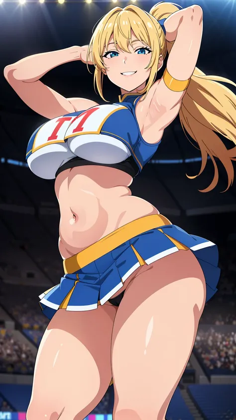 (best quality:1.5, highres, UHD, 4K, detailed lighting, shaders), blonde ponytail, smiling, large breasts, thighs, cheerleader outfit, belly, skirt lift, crotch, hands up, armpits, sexy, (close shot), stadium background