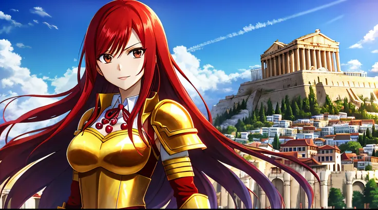 erza, 1girl, solo, long_hair, medium breasts,brown_eyes,red_hair, japanese_clothes, golden armor, beads on neck, greek Acropolis in background