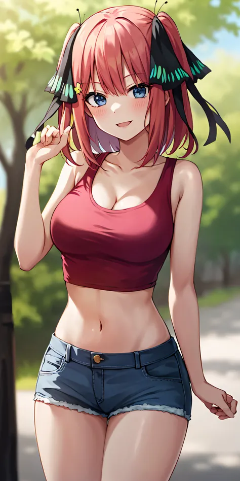 2d, masterpiece, best quality, anime, highly detailed, 1girl, solo, cowboy shot, nakano nino, pink hair, butterfly hair ornament, crop top , cleavage, Denim shorts , medium breasts, standing, school, outdoors, smile