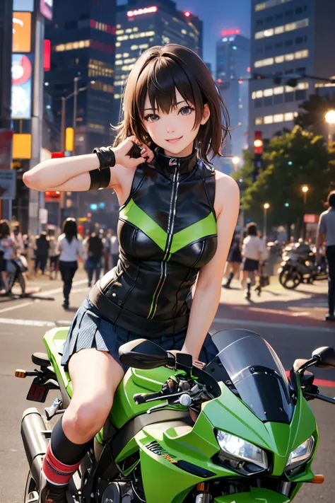 Japan schoolgirl riding motorcycle,Happy!!!, , motor cycle,[ photos realistic ]!!, hight resolution,