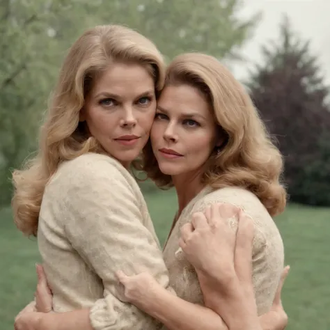 Elizabeth Montgomery as Samantha Stephen hugging and passionately kissing with Elizabeth Montgomery Serena,  with hands on butts, full body