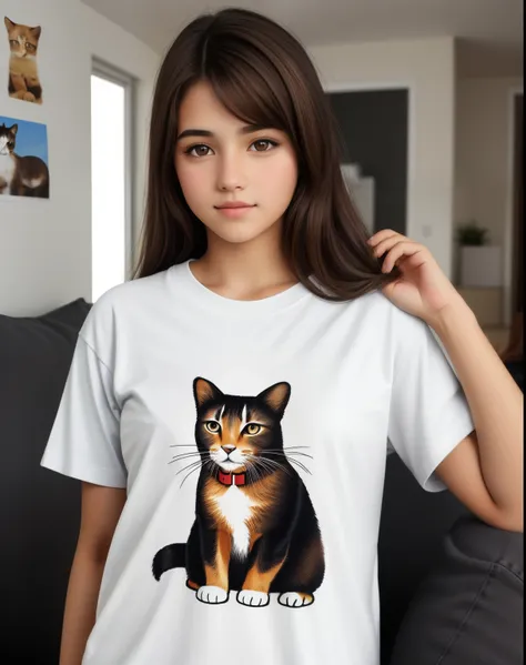 beautiful woman, 14 years old, straight brown hair, dark eyes, wearing a t-shirt with a cat drawn on it