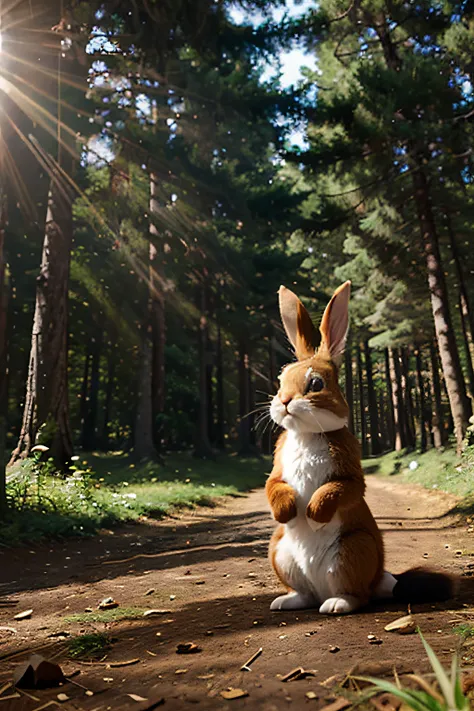 high quality, cartoon animation style, upscalling, shaders effects, a bunny in a forest in a sunny afternoon