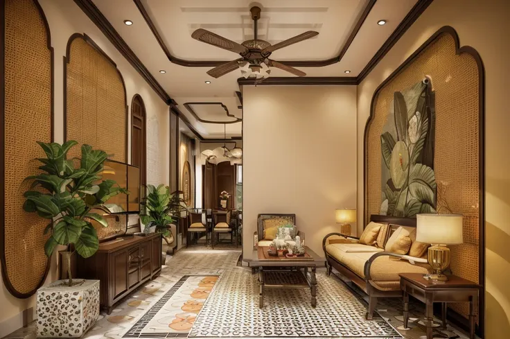 raw photo, masterpiece, high quality, best quality, authentic, super detail, interior, indoors, indochine livingroom with couch,...