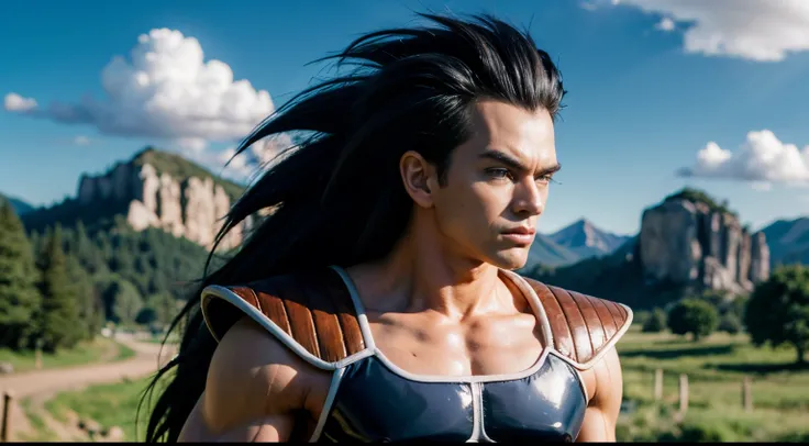 raditz, 1boy, solo, black hair, black eyes, (upper body:1.5,).portrait, smirk, saiyan armor, shoulder armor, faulds,very long hair,blue sky,plateau,tree,grass,standing,looking at viewer,tail around waist, red armband,black briefs,rocks, muscular male, (bes...