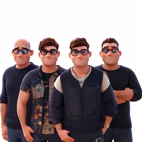 Desenho 3D estilo Disney Pixar, 4 homens usando oculos escuros, um tem cabelos com franja, another is bald, eles usam roupas pretas.