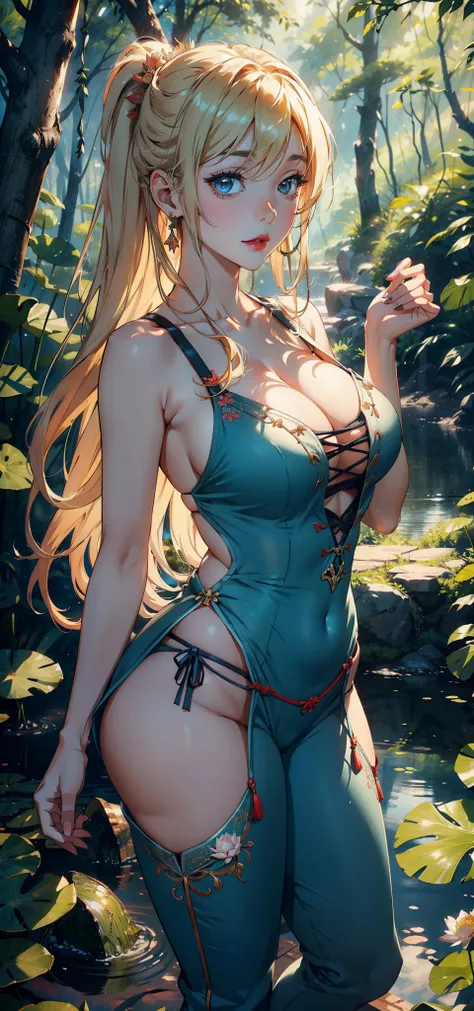 1female，45 yers old，Married woman，熟妇，mature，a little bit chubby，very Bigger breasts，big chest and thin waist，long leges， 独奏，（Background with：at a forest，lotus flower，ponds） She has long blonde hair，bobo head，，seen from the front， Stand deep in the forest， ...