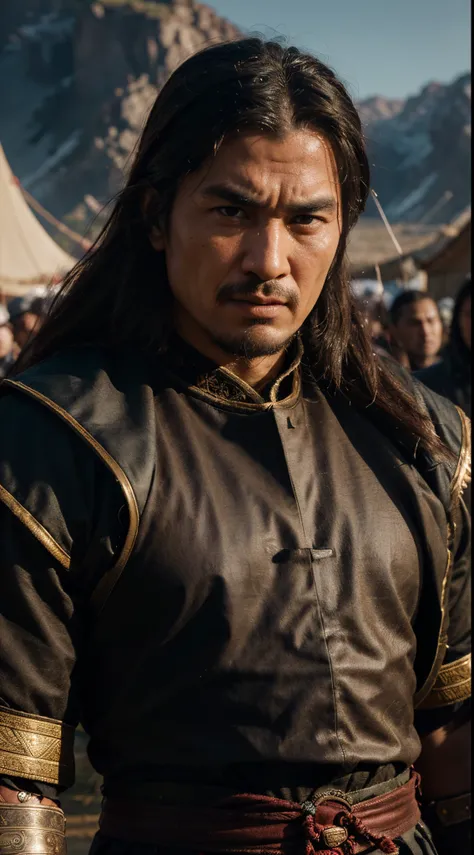 Create a powerful 8K scene capturing the intense moment when Genghis Khan, with commanding presence, raises his voice to cease the conflict between two warring tribes. Achieve hyperrealism in portraying Khans facial expressions, emphasizing the gravity of ...