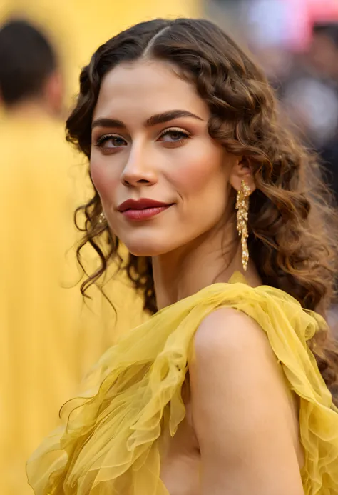 professional close-up portrait photography of the face of a beautiful ((ohwx woman)) with long wavy hair wearing yellow maxi dre...