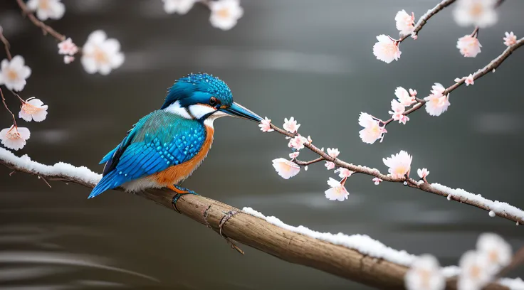 Superb Kingfisher Near White Cherry Blossoms on Branches, Dark, Dawn, (Cold Morning: 1.1), (Morning Dew: 1.15), Realistic Photography, (Low Photo: 1.2), Detail, 8K, Intricate Folded Feathers, Water Droplets on Feathers, (to8contrast style), (MIST: 0.7), Br...