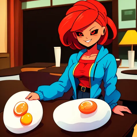 masterpiece, best quality, FMAJIN, (tiny breasts), Windbreaker ,Low waist pants, happy, sitting on a chair at a restaurant with a table in front of her with ((fried eggs)), (red headband), medium hair, red eyes, arms at sides, from the front